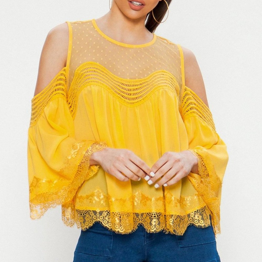 Flying Tomato Sheer Cold Shoulder Top